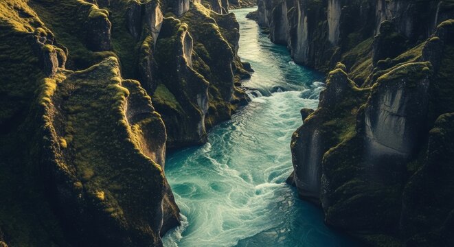 Majestic Fja?r?rglj?fur Canyon: Turquoise River Carving Through Mossy Cliffs, Iceland