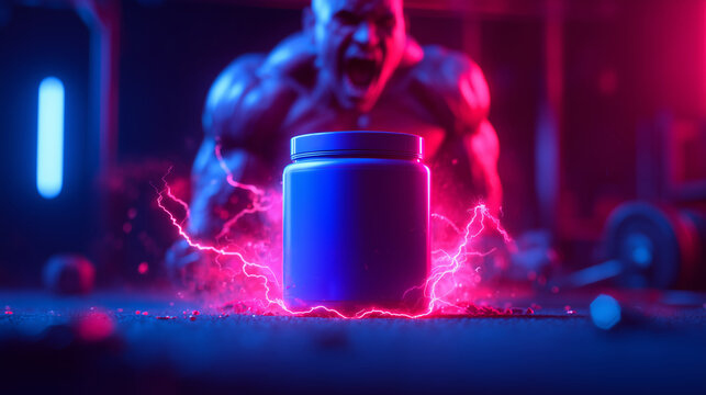Creatine supplement jar mockup with muscular man and glowing lightning effects