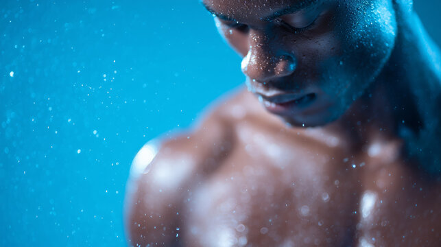 Black athletic man with water droplets on skin under blue light