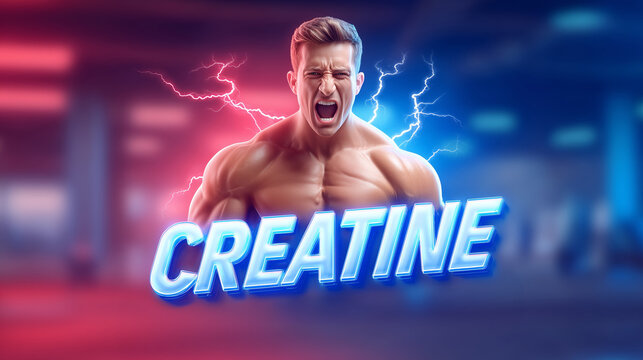 Muscular man shouting with glowing creatine text and lightning effects
