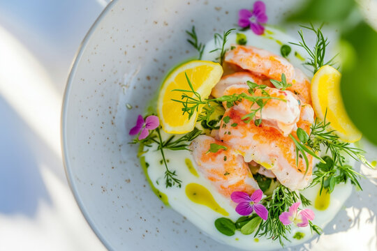Gourmet shrimp with lemon and edible flowers
