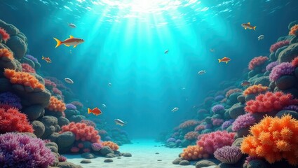 Naklejka premium Vibrant underwater scene showcasing colorful coral reefs teeming with diverse marine life, illuminated by the sun's rays filtering through the water, 
