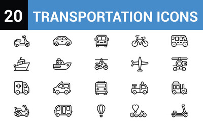 Collection of 20 simple line art transportation icons