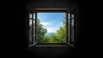 Fototapeta premium Open Window View of Lush Green Mountains and Blue Sky from a Dark Room