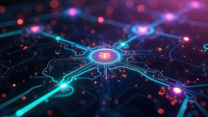 Illuminated circuit board with intricate lines and glowing nodes displays a futuristic digital interface, creating an abstract network with vibrant teal and magenta colors against a dark background.