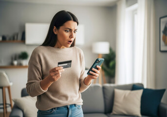 Shocked Woman Holding Credit Card and Phone After Unexpected Expense