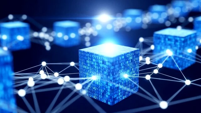Abstract representation of a blockchain network with glowing blue cubes and interconnected nodes