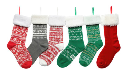 vibrant array of festive Christmas stockings, each uniquely adorned with colorful patterns, are suspended. Isolated On Transparent and White Background