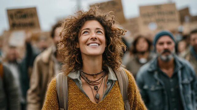Smiling Woman Protesting with Crowd Holding Signs, Demonstrating for Social Change and Justice, Activism and Peaceful Rally, Hopeful Expression