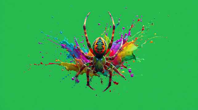 Vivid painted spider explosion on bright green background, neon splashes radiate outward. neon glow - Powered by Adobe