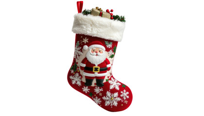 Festive Christmas stocking filled with holiday gifts, showcasing a santa clause pattern. Isolated On Transparent and White Background