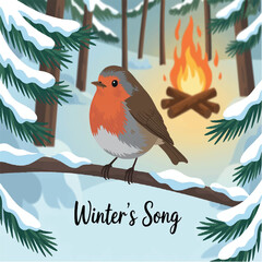 bonfire, illustration, drawing, winter, forest, fire, color, snow, outdoor, camp, nature, art, wood, tourism, background, tree, night, graphic, white, object, flame, christmas, campfire, design, firew