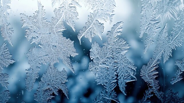 A frosted window displays intricate snowflake patterns, creating a serene and icy scene with a blurred winter landscape visible through the glass.