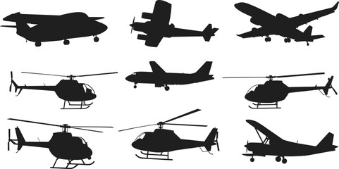 Aircraft silhouettes, airplanes, jets, and helicopters, black and white, aviation illustration, flight design, aeronautics, transportation art, aviation study, flying machines