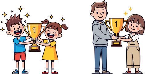 Children and Adult Holding Gold Trophy Together, Cartoon Celebration Scene, Number One Award, Sparkles, Joyful Expressions, Teamwork, Achievement, Success