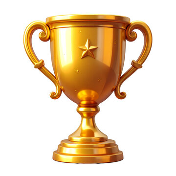 Golden trophy cup 3d rendering isolated on transparent background. Cartoon plastic style icon