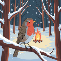 bonfire, illustration, drawing, winter, forest, fire, color, snow, outdoor, camp, nature, art, wood, tourism, background, tree, night, graphic, white, object, flame, christmas, campfire, design, firew