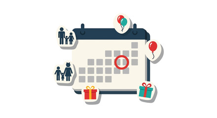 Naklejka premium Calendar with Family Balloons and Gifts for Special Occasions.