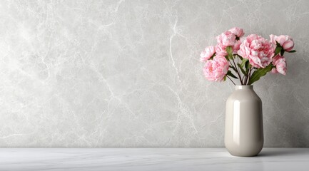 Naklejka premium Light gray marble wall with a vase of pink flowers on a white marble surface