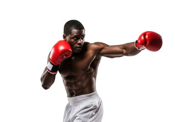 Powerful african american boxer punching with red boxing gloves action shot png image for sports design and illustration isolated on transparent background