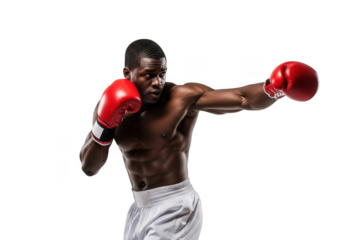 Powerful african american boxer punching with red boxing gloves action shot png image for sports design and illustration isolated on transparent background