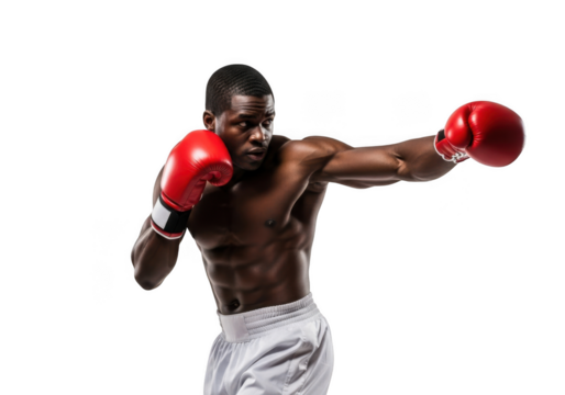 Powerful african american boxer punching with red boxing gloves action shot png image for sports design and illustration isolated on transparent background - Powered by Adobe