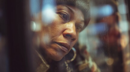 Fototapeta premium Portrait of thoughtful woman sitting by window wearing warm hat looking outside through reflection symbolizing contemplation solitude and city melancholy