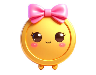A whimsical coin character with a pink bow, rosy cheeks, and big eyes against a solid black background, perfect for icons.
