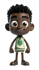 Cartoon of a child dressed in cash clothes. The character is friendly with a large smile, big eyes, and curly hair.
