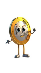 An animated Euro coin character with googly eyes, arms, and legs on a solid black background, looking friendly and inviting.