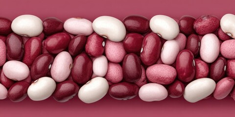 A horizontal band of colorful beans against a deep rose background.  Oval-shaped beans in shades of pink, white, and burgundy are densely clustered