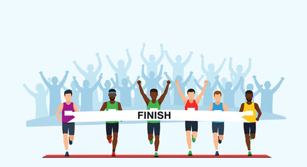 Diverse group of male runners celebrating at the finish line of a marathon.