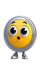 A whimsical coin with a surprised emoji face stands with tiny metal feet against a black background. Shiny and cartoonish.