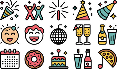 Collection of colorful party and celebration icons for events