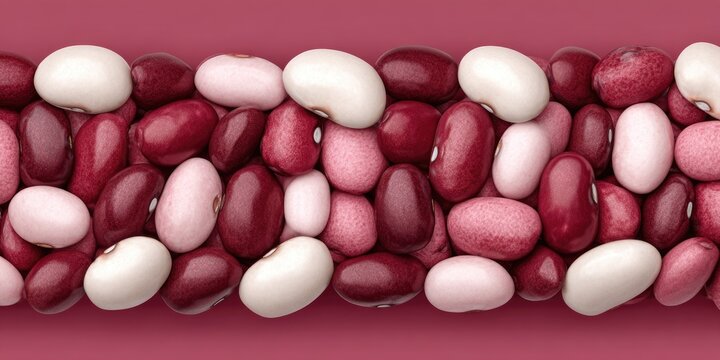 A horizontal band of colorful beans against a deep rose background.  Oval-shaped beans in shades of pink, white, and burgundy are densely clustered