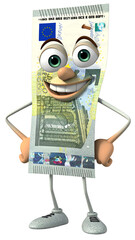 Animated euro banknote character standing confidently with a smile, rendered on a black background, digital 3D art.