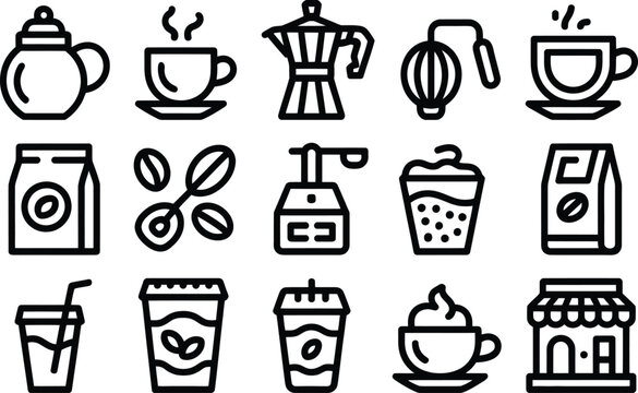 Collection of coffee related icons and illustrations