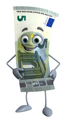 Playful euro banknote character with arms and legs, a cartoon representation of financial literacy and currency.