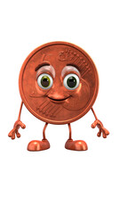 Five-cent coin cartoon character stands against a black background. The coin is copper colored and features a friendly face.