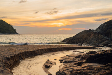 Sunset Stream and Rocks at Yanui Beach, Phuket, Thailand