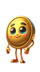 A whimsical, golden coin character with rosy cheeks, big blue eyes, and a sweet smile stands playfully against a black backdrop.