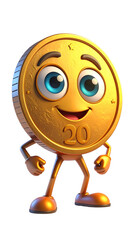 Adorable coin character with a friendly face, shiny golden texture, and playful pose, brings financial themes to life.