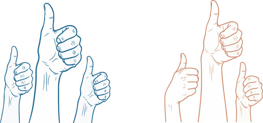 Group of hands giving thumbs up gesture sketch illustration for success and approval on white background