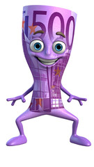 A whimsical, animated Euro banknote character with googly eyes and a smile, set against a black background, creating a playful feel.