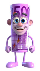 Whimsical 3D character formed from a 500 Euro note, blending money and animation. It is fun and playful illustration.