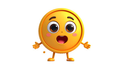 A cheerful cartoon coin with a surprised expression stands against a black backdrop, radiating positivity and financial excitement.