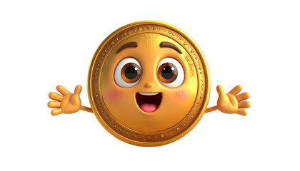 Golden coin character with an excited face and open arms, isolated on a black background, showcasing financial joy.