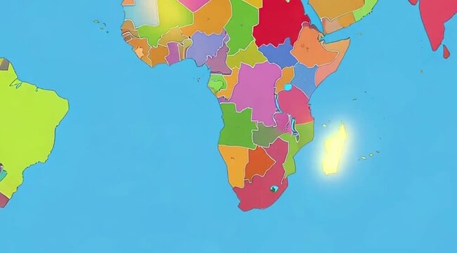 Moving world map with glowing countries from Alaska to South Africa