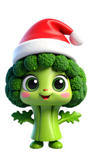 A festive broccoli character wears a red Santa hat with a playful, healthy twist to holiday cheer. A veggie delight!