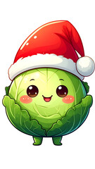 A festive cartoon cabbage adorned with a Santa hat, radiating holiday cheer with rosy cheeks and a cute smile on a black backdrop.